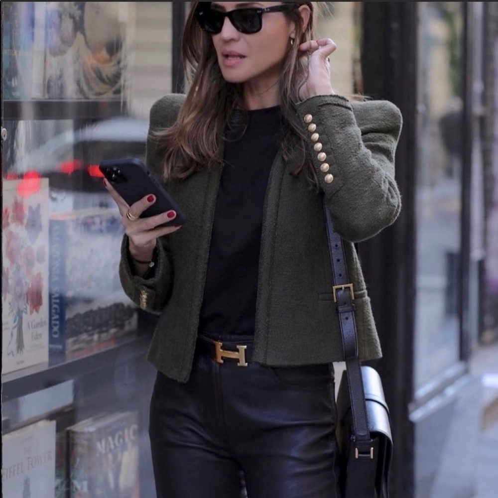Zara Olive Green Cropped Blazer with Gold Buttons